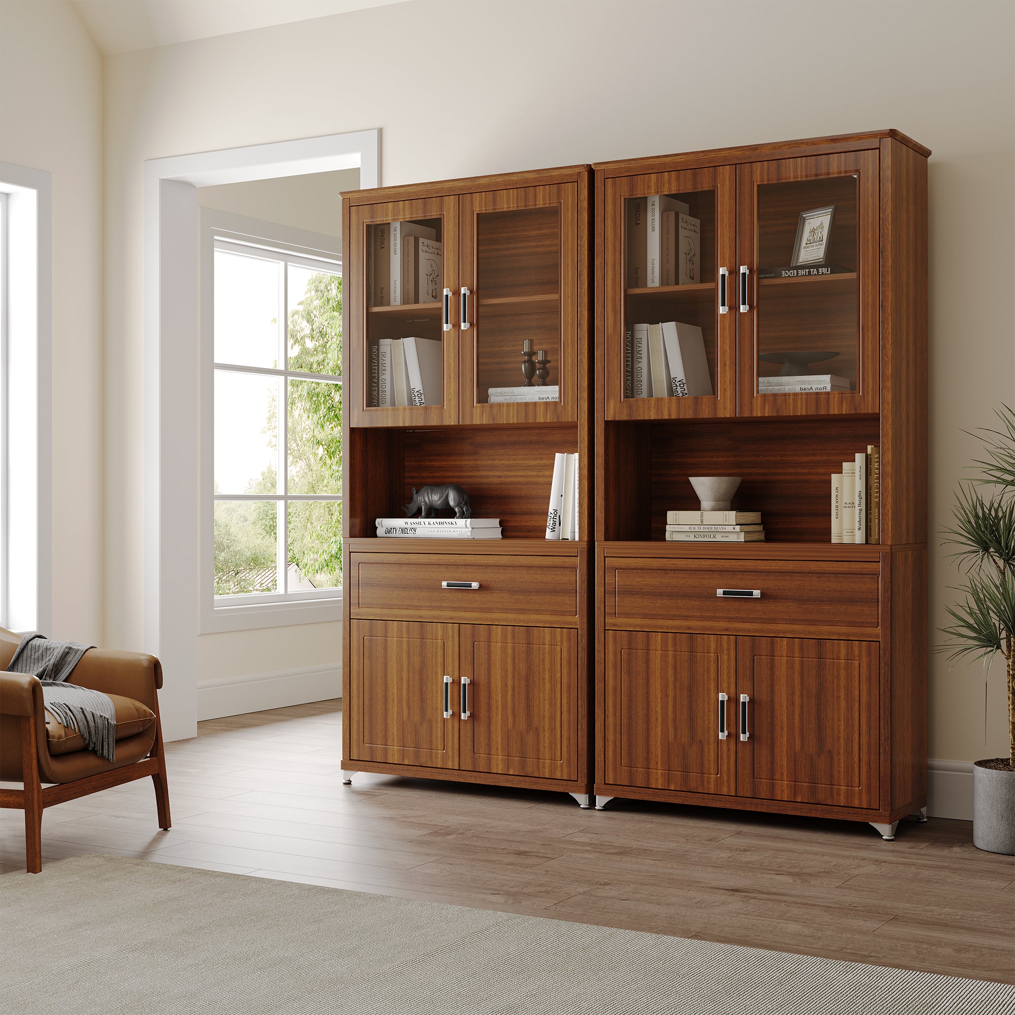 72'' Storage Bookcase with Doors and Shelves. Walnut