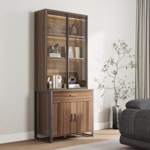 77'' Display Bookshelf with Glass Door and Storage Cabinets. Walnut