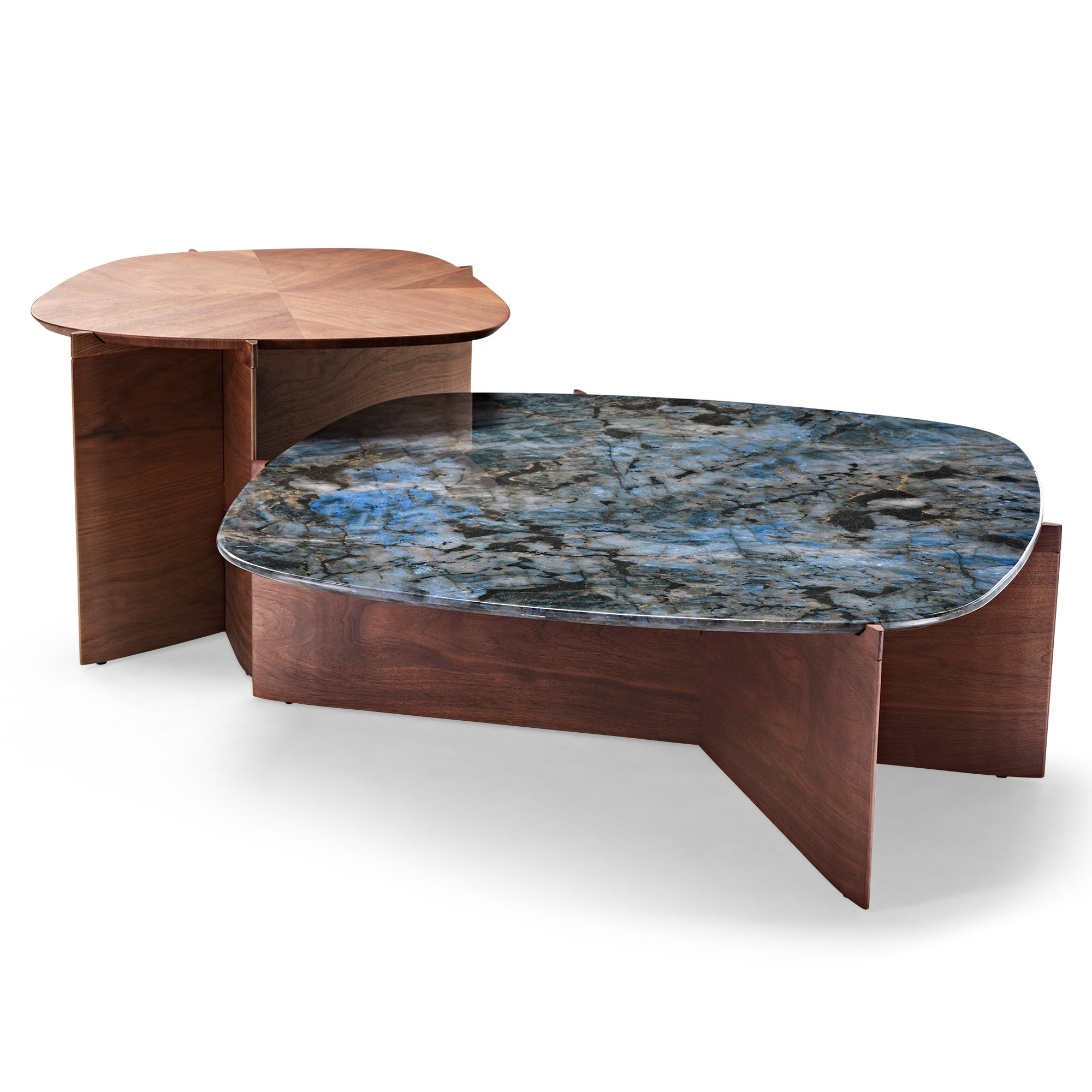 41 Walnut & Blue Jade Marble Irregular Coffee Table with Side Table Set