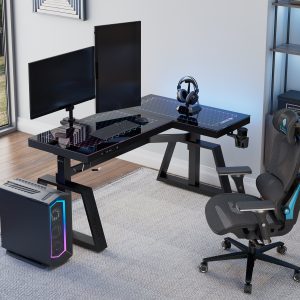 GTG-L60 Pro. L shaped Glass Gaming Standing Desk (60x23)