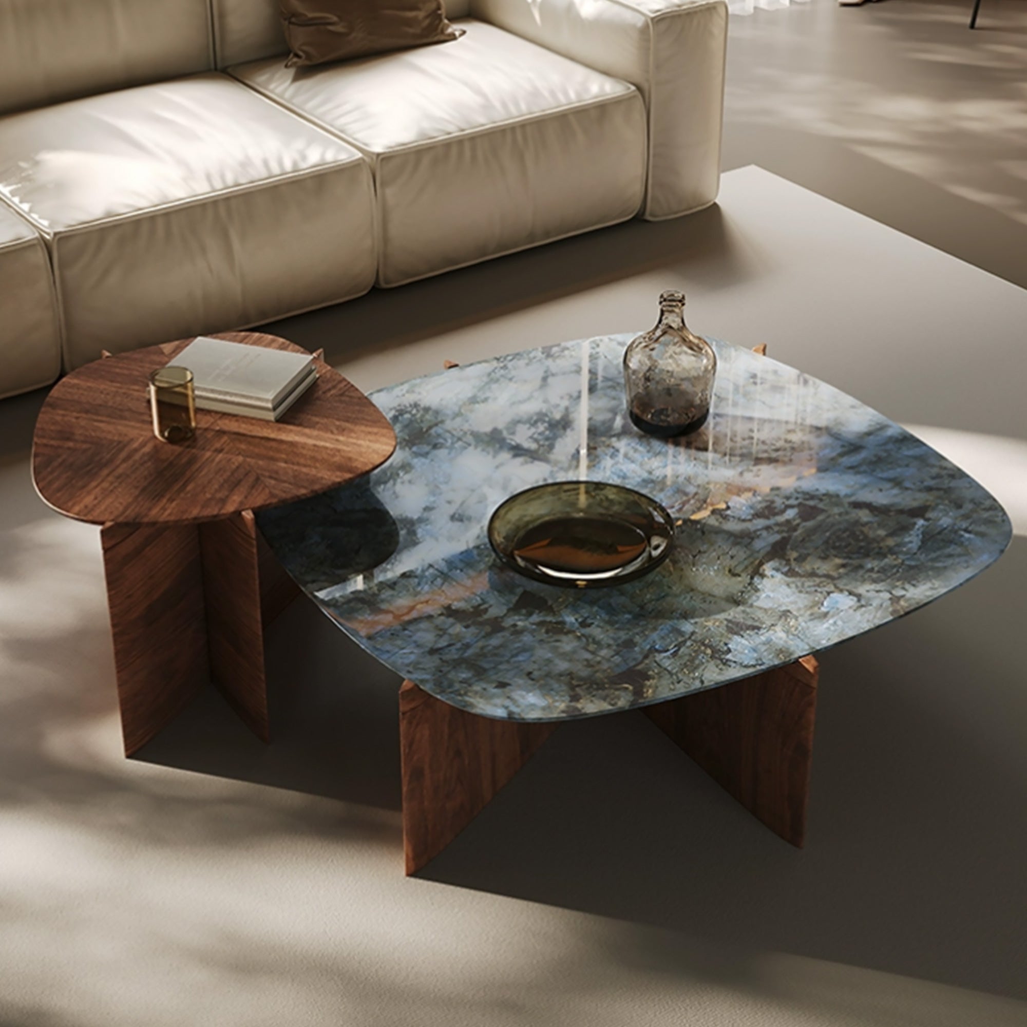 41 Walnut & Blue Jade Marble Irregular Coffee Table with Side Table Set - Image 3